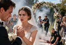 On our wedding day, the air suddenly smelled of smoke. I turned just in time to see my brother restrained and my fiancé coughing—nearly killed by a staged “accident.” I didn’t scream. I held his hand and told the police, “We owe him one—because without this, I’d never have uncovered a truth far more brutal.” From that moment on, the wedding stopped being a celebration—and became a trial.