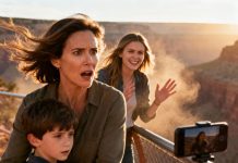 Grand Canyon. Blue sky. Smiling tourists. Then my sister giggled, “Mom… do it now.” Before I could turn, hands hit my back—and I went over the cliff with my five-year-old in my arms. I don’t remember the fall. I remember waking up at the bottom, choking on dust, searching for my son’s face. I found a child. Just not my child.