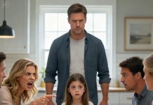 During family dinner, my sister-in-law stood up, pointed at me, and said, “You’re a cheater.” Then she turned to my 7-year-old and added, “You’re not really ours. Robert isn’t your dad.” The room froze. My daughter’s face went blank. My husband didn’t yell. He didn’t argue. He calmly stood up and did one thing that changed everything— and five minutes later, they wished they’d never opened their mouths.