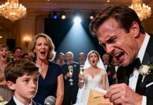 My ex-husband cheated and left me and our son but still invited us to his wedding. During his speech, he laughed, “leaving that trash was the best decision of my life!” The crowd erupted in laughter… until my son calmly took the mic. “I brought a special gift for you, dad,” he said, handing over a box. When my ex opened it, his scream shut the entire room silent.