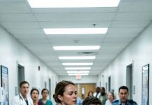 The ER doors slammed open as a 7-foot giant stormed inside, shouting and throwing chairs while staff backed away in fear. Security hesitated. Doctors froze. No one wanted to confront him. Then a rookie nurse stepped forward, calm but determined. What happened next stunned the entire emergency room—and the towering man dropped to the floor in seconds.