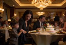 At my mother’s birthday dinner in a fancy restaurant, my five-year-old son suddenly pulled on my sleeve. “Mom… we need to go to the bathroom. Now,” he said nervously. “Why? What’s wrong?” I asked. With tears in his eyes, he whispered, “Please don’t look… under the chair.” But I did. The moment I saw what was there, my heart stopped. I immediately took my son’s hand and calmly stood up.