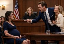 My husband pointed to my eight-month pregnant belly in court and smiled as if he had won. “She has no income, no family to support her. I want full custody of the child,” he told the judge, while his mistress held his hand as if she were already my child’s stepmother. I remained silent… until four armed bodyguards opened the courtroom door, and my mother entered with her family heirloom emerald necklace. She said: “Who dares lay a hand on my daughter and grandchild?”