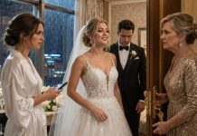 Two hours before my wedding, my younger sister walked into my bridal suite wearing my custom gown. “The family decided Ethan should marry the successful sister,” she said while Mom locked the door behind me. I did not scream. I sent one message and changed into the plain blue dress in my suitcase. When they reached the altar, the officiant refused to continue. Ethan’s $75,000 wedding payment had come from an account opened in my name—and the woman entering with the police was his legal wife from another state.