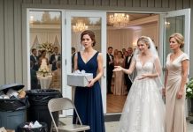 My sister’s wedding planner led me past the ballroom and stopped beside the trash cans. “The bride changed your seat,” she whispered. When I confronted my sister, she laughed. “You’re lucky I invited you at all.” I handed her my gift, smiled, and said, “Open it after I leave.” Five minutes later, the music stopped, her face drained of color, and security locked the doors.