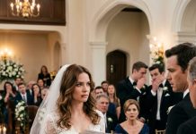 I walked down the aisle with a torn lip and a ripped veil while my fiancé smirked at his groomsmen. “She needed a reminder of who’s in charge before we sign the papers,” he announced. The hall erupted in laughter, including his mother. I didn’t cry. I reached into my bouquet, pulled out a sealed file, and said, “Then let’s review the papers you already signed.” His smile vanished when the first page appeared on the screen…