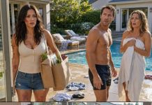 At 5:42 p.m., I came home carrying grocery bags and found my husband by the pool with the neighbor who always “needed sugar” every Tuesday. The moment he saw me, his face tightened. She grabbed a towel, pretending nothing had happened. He stepped closer and whispered, “Don’t make a scene.” So I didn’t. I calmly picked up his clothes, locked the back door, and set off the house alarm. Within seconds, every neighbor was outside watching the truth drip from the pool deck.