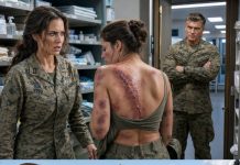 I accidentally stepped into the supply room and stopped cold when the nurse turned, her half-changed uniform revealing a terrible burn scar stretching across her back. I knew that wound. Years earlier, it had appeared in a classified file about an unidentified battlefield medic who threw herself over six Marines during an explosion, then dragged them out alive. “They buried your name,” I whispered. Before dawn, I uncovered the commanders who had stolen her honors—and by morning, the whole base watched them lose their ranks.