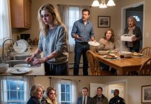 I showed up at my daughter’s house without warning—and what I saw stopped me cold. Her husband and mother-in-law were sitting comfortably at the table, eating hot food, while my daughter stood at the sink, shivering and washing dishes with numb hands. Then her husband snatched a plate from his mother and barked, “Stop washing dishes and bring more food!” I didn’t scream. I quietly stepped back, made one phone call, and five minutes later, their entire world began to collapse.