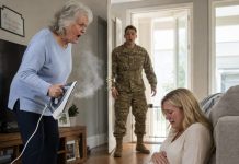 I spent twelve months in a war zone counting the days until I could finally come home to my pregnant wife. But the moment I entered through the back door, I heard a scream that stopped me cold. My mother had cornered my wife in the kitchen and was holding a scorching iron inches from her eight-month pregnant belly. “Sign the divorce papers and leave my son, or that baby will carry a reminder of me forever,” she hissed. My wife was sobbing. “Please… she’s your granddaughter.” I didn’t shout. I immediately called 911 and stepped between them. My mother dropped the iron and stammered, “It was only a joke!” I looked at the divorce papers on the floor and quietly answered, “Then explain the joke to the police.” She had no idea I’d already noticed something on those papers that made the situation far worse.