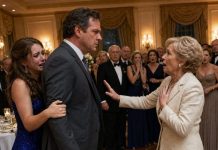 The wedding reception fell silent when Clara’s mother-in-law lunged at her, ripped the front of her dress, and shouted, “You only married my son for his money!” Hundreds of guests watched in stunned disbelief as Clara struggled to cover herself. No one stepped in. No one said a word. Then the ballroom doors swung open. Clara’s father walked inside, took one look at his humiliated daughter, calmly reached for the long roasting fork beside the carving station, and started walking toward the family that had just destroyed the happiest day of her life.