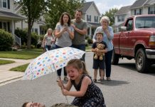 On a brutally hot afternoon in Bakersfield, a military veteran suddenly collapsed onto the scorching pavement. A crowd formed within seconds, but instead of helping, most of us—including me—pulled out our phones and started recording. Then an eight-year-old girl carrying a bright yellow umbrella pushed through the adults. “Stay back! It could be dangerous,” I warned her. She looked at the unconscious man and quietly replied, “He’s burning. He needs shade.” Then she knelt on the blistering asphalt and opened her umbrella above his face. The crowd went completely silent. And when the veteran finally opened his eyes and saw the little girl protecting him, he whispered a name that made one woman in the crowd drop her phone.