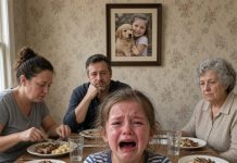 After my in-laws turned my 11-year-old daughter’s beloved puppy into her dinner, my mother-in-law forced her to sit at the table. “That dog is gone! Stop crying and eat!” she sneered. My daughter was shaking, but when she later showed me the note taped to her bedroom door, the color drained from my face. I didn’t scream. I didn’t argue. I quietly took one photograph and sent it to the only person who could do something about it. By the next morning, an unexpected visitor appeared on my in-laws’ porch, and every smug smile disappeared. But what happened next revealed that the puppy incident was only the beginning of what they had been hiding.