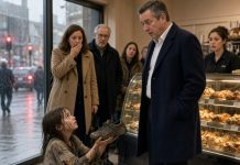 A POOR GIRL TRADED HER SHOES FOR A PIECE OF CAKE — THEN A BILLIONAIRE SAW HER BIRTHMARK AND FROZE A poor little girl stood outside a bakery, clutching her worn shoes in both hands. She desperately wanted a piece of birthday cake, but she had no money. Finally, she offered the shoes to the baker in exchange for a small slice. A billionaire happened to witness the heartbreaking moment from his car. He was about to step out when the girl turned around—and he saw a distinctive birthmark on her neck. His entire body froze. He had seen that exact mark once before, in a photograph connected to a child who had disappeared from his family years ago.