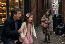 **A Little Girl Pointed at a Poor Child and Told Her Billionaire Dad, “Dad… She Has My Face.” Then He Looked Across the Street—and Froze.** Olivia Miller was walking beside her father when she suddenly stopped and dropped her chocolate milkshake. “Dad… look at her.” Across the street, a barefoot little girl was digging through a torn trash bag. But when she lifted her face, Olivia stared in disbelief. She had the same eyes, the same smile, even the same tiny birthmark.