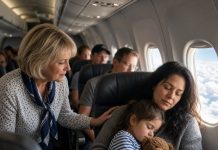 A Single Mother Was Traveling Alone With Her Sleeping Daughter When the Captain Suddenly Asked, “Is There a Fighter Pilot on Board?” She was sitting quietly in seat 8A, exhausted after years of raising her daughter alone. Nobody paid attention to the tired woman in an old jacket holding a child’s stuffed rabbit. Then the captain’s voice came over the speakers. “Ladies and gentlemen, we have an emergency. Is there a fighter pilot on this flight?” The cabin went completely silent. Passengers looked around nervously, but no one moved. Then the woman in 8A slowly opened her eyes. She stood up, handed her daughter to the flight attendant, and walked toward the cockpit. “I’m a fighter pilot,” she said quietly. What happened next left every passenger staring at her in disbelief.